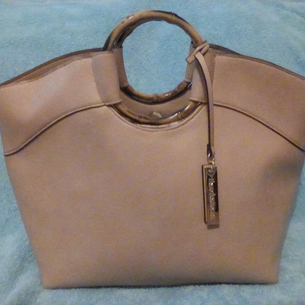 Enzo Angiolini large tan taupe faux bamboo handle Tote handbag